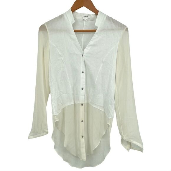 Helmut Lang White Element V Neck Button Up Ivory Sheer Sleeves Hem Tunic Top - Picture 2 of 6